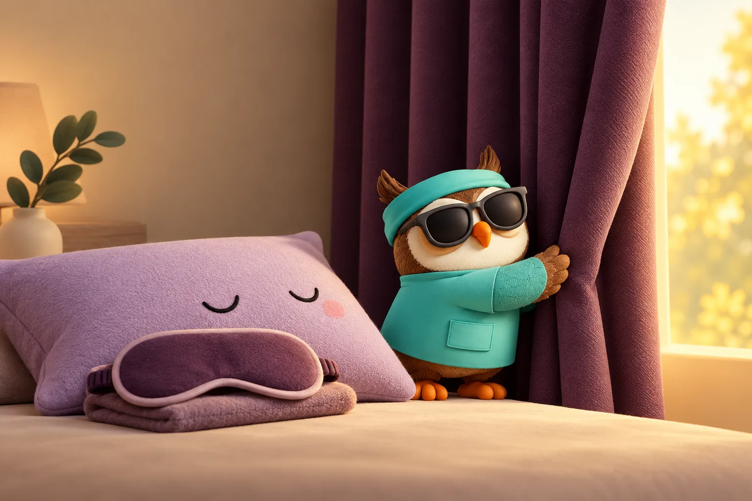 The Nightings owl closing the curtains for daytime sleep, beside a pillow and sleep mask.