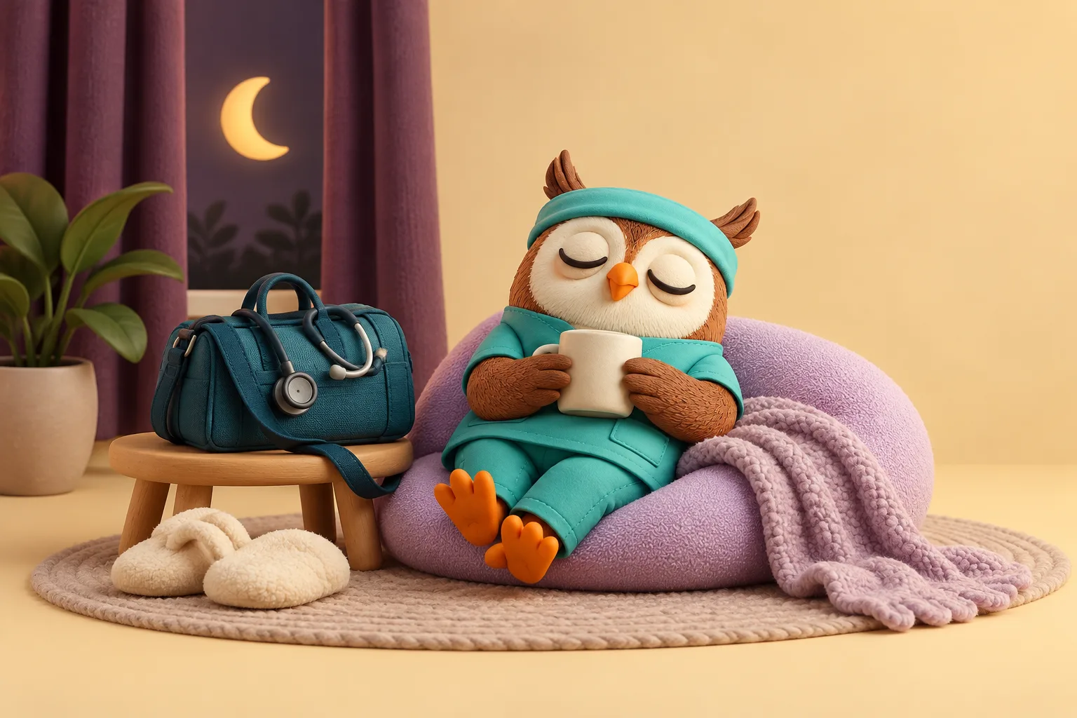 The Nightings owl taking a quiet moment after a shift, with a work bag set aside.