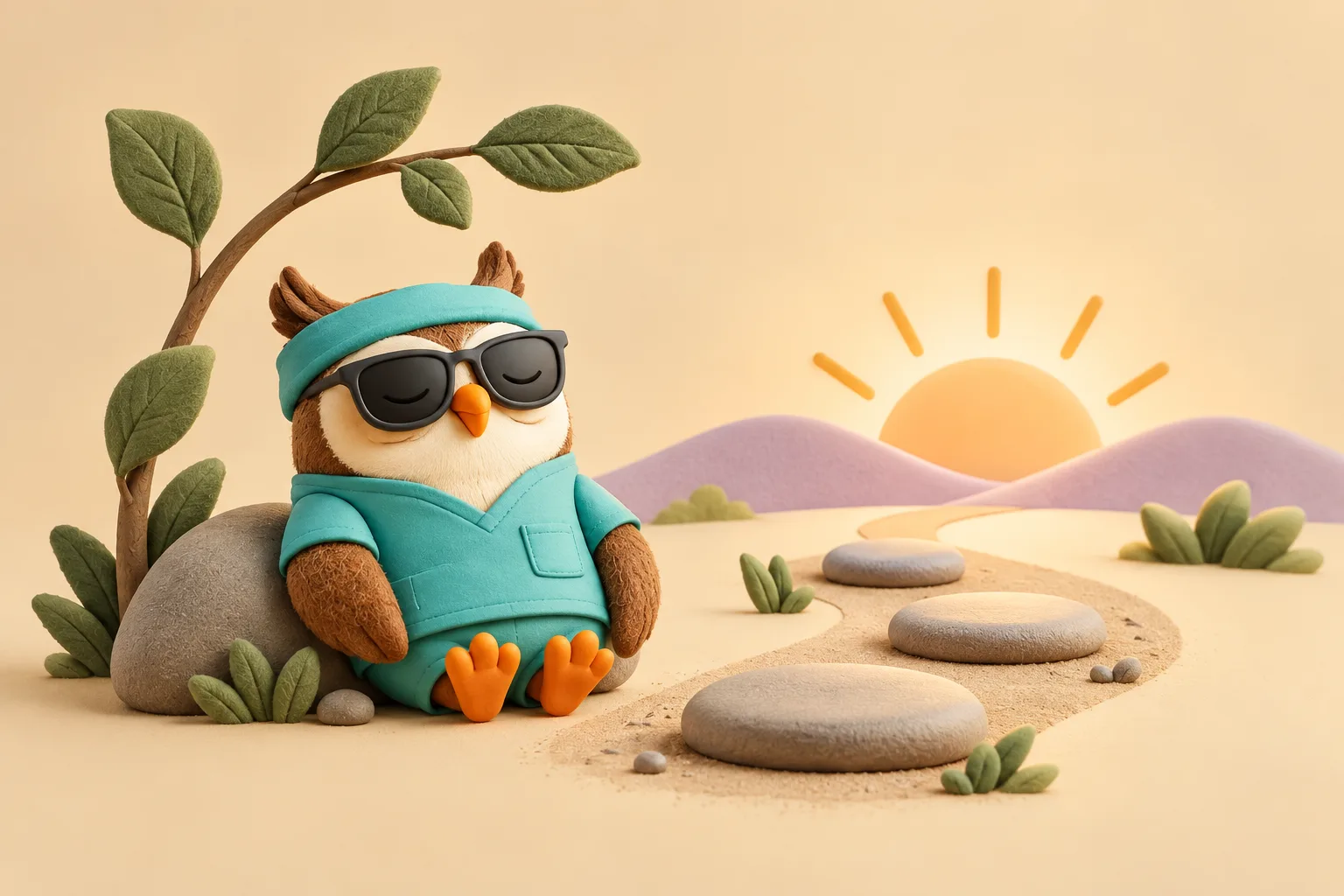 The Nightings owl pausing beside a path of stepping stones as the sun rises.